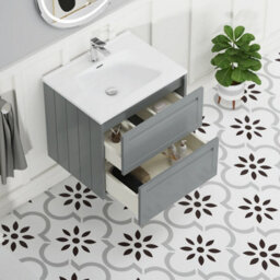 Royal Bathrooms Elmore 600mm Traditional Wall Hung 2 Drawer Bathroom Vanity Unit With Ceramic Basin Sink - Matt Pebble Grey - thumbnail 5