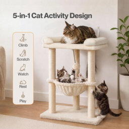 Skylos Cat Tree Tower Bed With Hammock Scratching Post Large Perch Beige - thumbnail 7