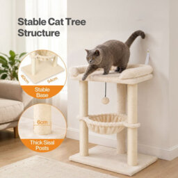 Skylos Cat Tree Tower Bed With Hammock Scratching Post Large Perch Beige - thumbnail 5