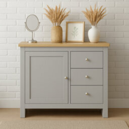 Home Treats Grey & Pine 3 Drawer Storage Cabinet, Modern Wooden Chest With Natural Pine Top - thumbnail 2