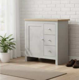 Home Treats Grey & Pine 3 Drawer Storage Cabinet, Modern Wooden Chest With Natural Pine Top