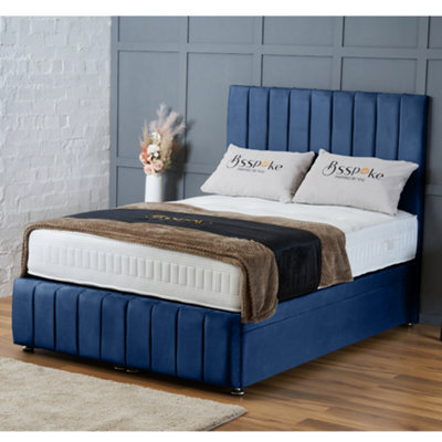 Bsspoke Blue Velvet Panel Divan Bed End Lift Up Ottoman Storage With Mattress 54Inch Headboard & Footboard All Sizes - image 1