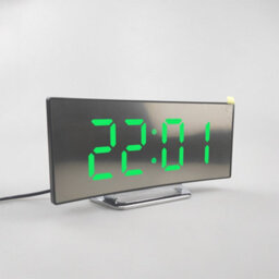 Curved Mirror Led Digital Alarm Clock With Green Display, Snooze, Temperature & Usb Charging - thumbnail 1
