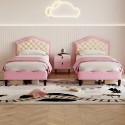 Matteo Single Pink & Beige Faux Leather Upholstered Bed Frame With Adjustable Button-Tufted Headboard - thumbnail 3