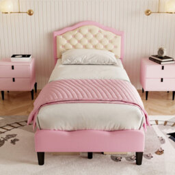 Matteo Single Pink & Beige Faux Leather Upholstered Bed Frame With Adjustable Button-Tufted Headboard - thumbnail 2