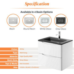 Plum&clay Eden Gloss White Wall Hung Vanity Unit With Grey Glass Basin (W)600mm - thumbnail 7