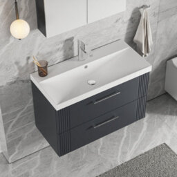 Balterley Belvide Partial Fluted 2 Drawer Wall Hung Vanity Unit With 1 Tap Hole Thin-Edge Basin- 800mm - Satin Soft Black - thumbnail 5