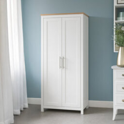 Home Treats Modern White & Pine 2 Door Wardrobe, Stylish Bedroom Storage Cupboard With Hanging Rail & Shelf - thumbnail 1