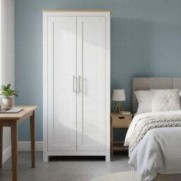 Home Treats Modern White & Pine 2 Door Wardrobe, Stylish Bedroom Storage Cupboard With Hanging Rail & Shelf - thumbnail 4