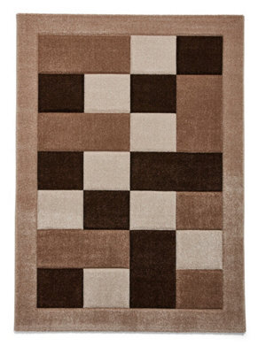 Beige Chequered Rug, Geometric Bordered Rug, 10mm Thick Stain-Resistant Rug, Modern Rug For Dining Room-60Cm X 120Cm - image 1