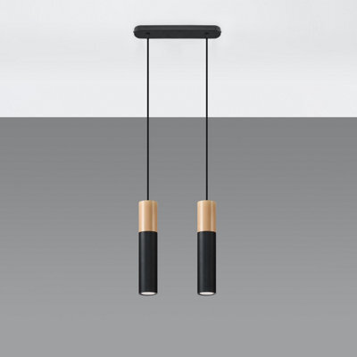 Sollux Lighting Pablo Steel & Wood Natural 2 Light Classic Pendant Ceiling Light - image 1