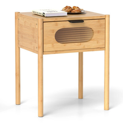 Costway Bamboo Bedside Table With Tempered Glass Drawer Square Bedroom End Side Table - image 1