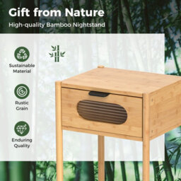 Costway Bamboo Bedside Table With Tempered Glass Drawer Square Bedroom End Side Table - thumbnail 8