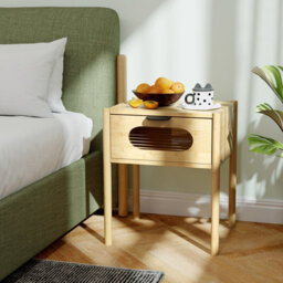 Costway Bamboo Bedside Table With Tempered Glass Drawer Square Bedroom End Side Table - thumbnail 3