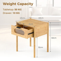 Costway Bamboo Bedside Table With Tempered Glass Drawer Square Bedroom End Side Table - thumbnail 2