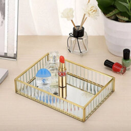 M Rectangular Mirror Tray - Gold Glass Metal Makeup Vanity Storage Organizer - thumbnail 4