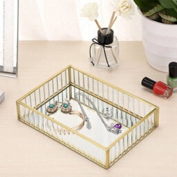 M Rectangular Mirror Tray - Gold Glass Metal Makeup Vanity Storage Organizer - thumbnail 3