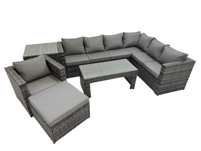 Fimous Outdoor Rattan Oblong Coffee Table Corner Sofa Sets Garden Furniture Set With Chair Big Stool Side Table Dark Grey Mixed - image 1