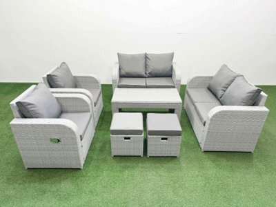 Fimous 8 Seater Outdoor Reclining Chair Love Sofa Set Rattan Garden Furniture Set Oblong Coffee Table 2 Stools Light Grey - image 1