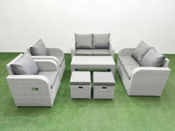 Fimous 8 Seater Outdoor Reclining Chair Love Sofa Set Rattan Garden Furniture Set Oblong Coffee Table 2 Stools Light Grey - thumbnail 2