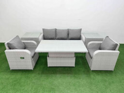 Fimous Pe Rattan Garden Furniture Set Reclining Chair Sofa Lounge Sofa Set Adjustable Lifting Table 2 Side Table Light Grey - thumbnail 1