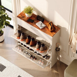 Washed White 80Cm Slim Shoe Storage Cabinet With Drawer, 3-Tier Enclosed Wooden For Hallway - thumbnail 4