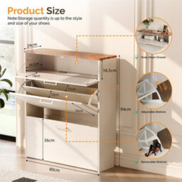 Washed White 80Cm Slim Shoe Storage Cabinet With Drawer, 3-Tier Enclosed Wooden For Hallway - thumbnail 2