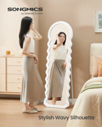 Songmics Full Length Mirror, 160 X 50 Cm, Irregular Wavy Full Body Floor Mirror With Stand, Standing, Mdf Frame