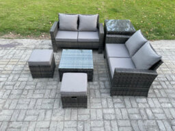 Fimous Rattan Garden Furniture Set 6 Piece Rattan Furniture Sofa Includes 2 Double Seat Sofa,2 Small Footstools And Side Table - thumbnail 2