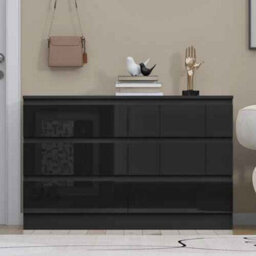 Modern High Gloss 6 Drawer Chest Of Drawers, Matt Black Body With Gloss Black Drawers, Storage Cabinet For Bedroom