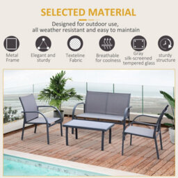 Outsunny 4Pcs Patio Furniture Set Garden Sofa Glass Top Coffee Table Grey - thumbnail 6