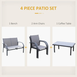 Outsunny 4Pcs Patio Furniture Set Garden Sofa Glass Top Coffee Table Grey - thumbnail 4