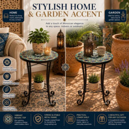 Shatchi 35Cm Casablanca Mosaic Plant Stand And Side Table With Ceramic Tile Top For Indoor Outdoor Use - thumbnail 9