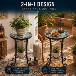 Shatchi 35Cm Casablanca Mosaic Plant Stand And Side Table With Ceramic Tile Top For Indoor Outdoor Use - thumbnail 2