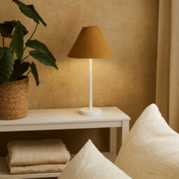Wyld Haus Long Island Bamboo Table Lamp   White Base & Ochre Linen Shade