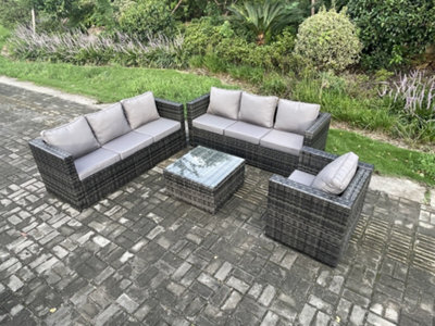 Fimous Rattan Garden Furniture Sofa Set With Armchair Square Coffee Table Indoor Outdoor 7 Seater Rattan Set Dark Grey Mixed - image 1