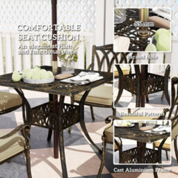 Outsunny 5 Pieces Cast Aluminium Garden Dining Set With Parasol Hole, Bronze - thumbnail 6