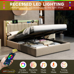 Matteo Luxury 4Ft6 Double Upholstered Bed Frame With Hydraulic Storage, Led Headboard & Usb-C Charging - Beige Linen - thumbnail 5