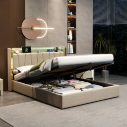 Matteo Luxury 4Ft6 Double Upholstered Bed Frame With Hydraulic Storage, Led Headboard & Usb-C Charging - Beige Linen - thumbnail 3