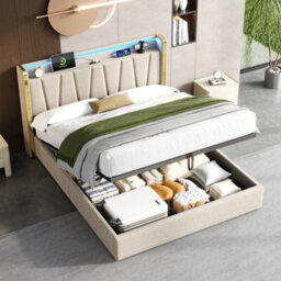 Matteo Luxury 4Ft6 Double Upholstered Bed Frame With Hydraulic Storage, Led Headboard & Usb-C Charging - Beige Linen - thumbnail 4