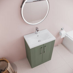 Balterley Belvide Partial Fluted 2 Door Floor Standing Vanity Unit With Mid-Edge 1 Tap Hole Ceramic Basin - 600mm - Satin Green - thumbnail 5