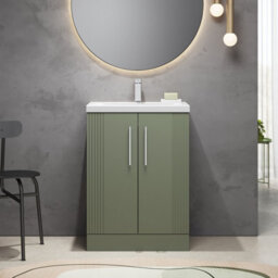 Balterley Belvide Partial Fluted 2 Door Floor Standing Vanity Unit With Mid-Edge 1 Tap Hole Ceramic Basin - 600mm - Satin Green - thumbnail 2