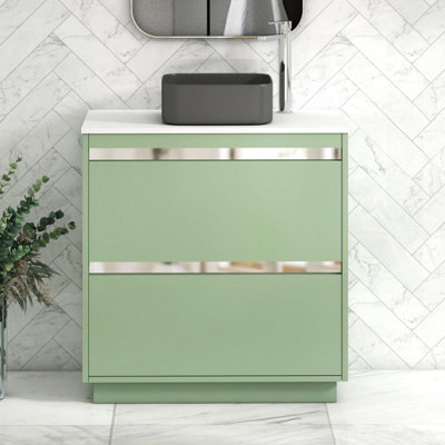 Royal Bathrooms Orion 800mm Mint Sage Floor Standing Plain White Countertop Vanity Unit 2 Drawer With Art Square Basin & Chrome Accent Trim - image 1