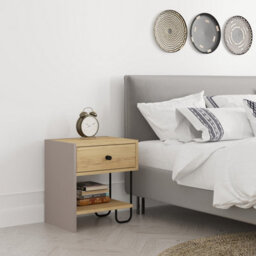 Decortie Modern Sirius Nightstand Drawer Storage Oak Mocha Grey Metal And Engineered Wood Legs 45(W)Cm Bedside Table Bedroom - thumbnail 1
