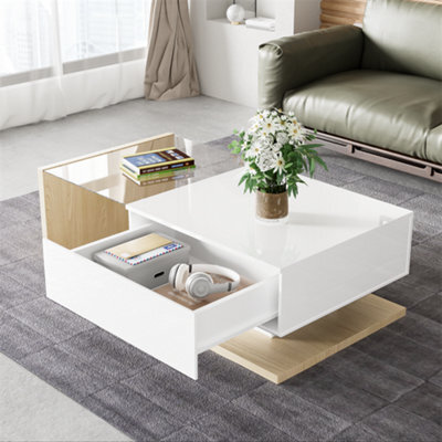 Abrihome Coffee Table In High Gloss White And Wood Color Combination, Side Tables, Coffee Tables With Glass And Led, White+Natural - image 1