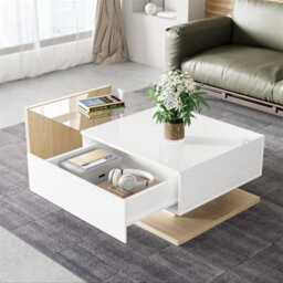 Abrihome Coffee Table In High Gloss White And Wood Color Combination, Side Tables, Coffee Tables With Glass And Led, White+Natural - thumbnail 1