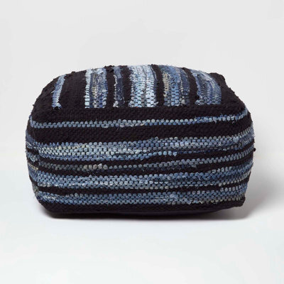 Homescapes Texas Denim Woven Striped Bean Filled Pouffe, 60 Cm - image 1