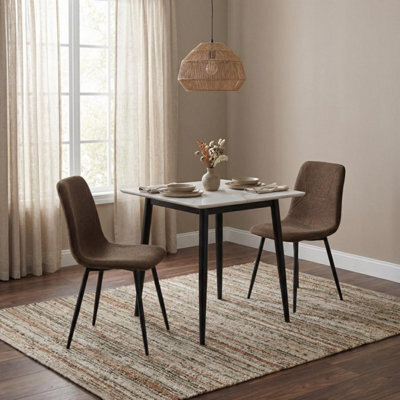 Fwstyle 3 Piece Cream Marble Effect Stone Square Dining Table & Dark Brown Chairs Set - image 1