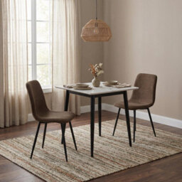 Fwstyle 3 Piece Cream Marble Effect Stone Square Dining Table & Dark Brown Chairs Set