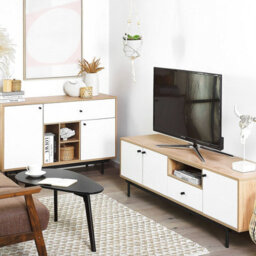 Beliani Tv Stand Engineered Wood Light Brown And White - Fits Up To 75-Inch Tvs, W163 X D40 X H50Cm - thumbnail 2